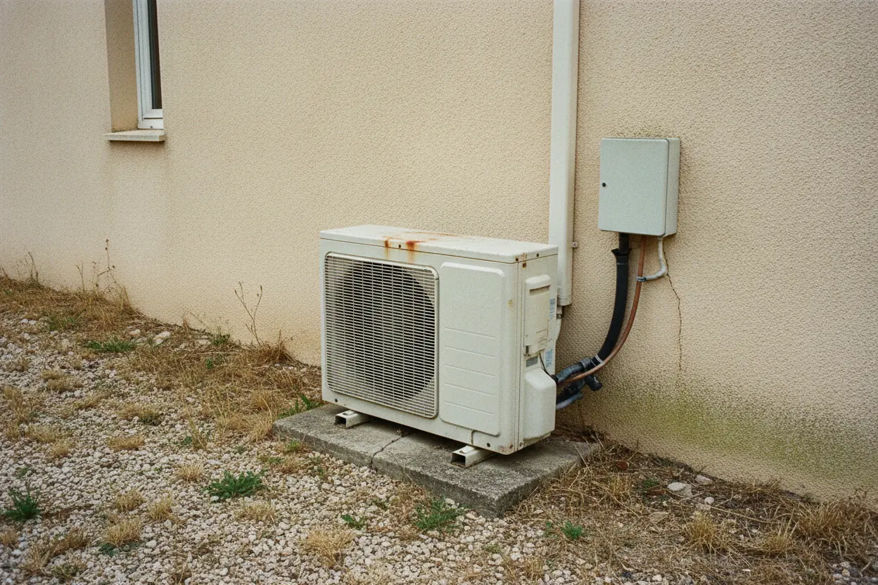 Ancienne unité extérieure de climatisation rouillée sur pavillon à Nîmes avant remplacement