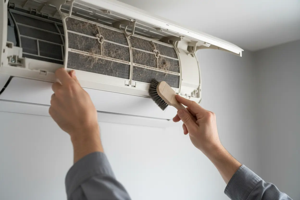 Technicien nettoyant les filtres d'une climatisation murale à Nîmes
